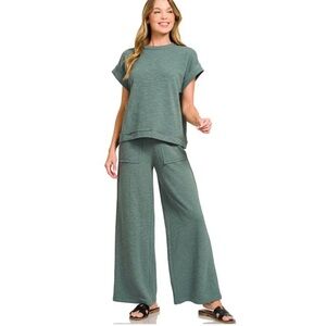 Zenana Outfitters Wide-Leg Knit Set - Ash Jade